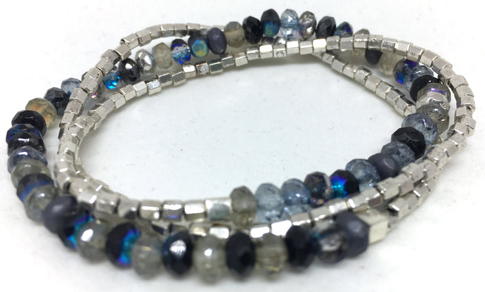 Bracelet - stretch wrap, San Diego Fog, silver hex beads and Miyuki cubes