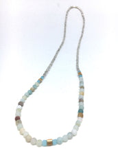 Load image into Gallery viewer, Bracelet - stretch wrap, Matte Amazonite, gold Miyuki cubes, silver hex beads