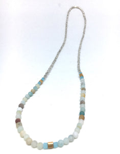 Bracelet - stretch wrap, Matte Amazonite, gold Miyuki cubes, silver hex beads