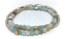 Load image into Gallery viewer, Bracelet - stretch wrap, Matte Amazonite, gold Miyuki cubes, silver hex beads