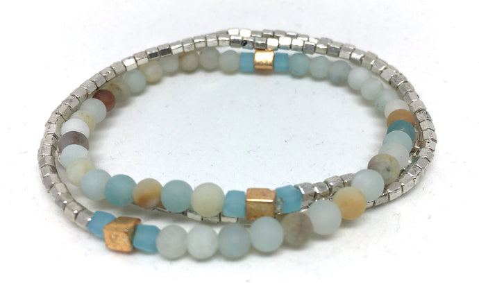 Bracelet - stretch wrap, Matte Amazonite, gold Miyuki cubes, silver hex beads