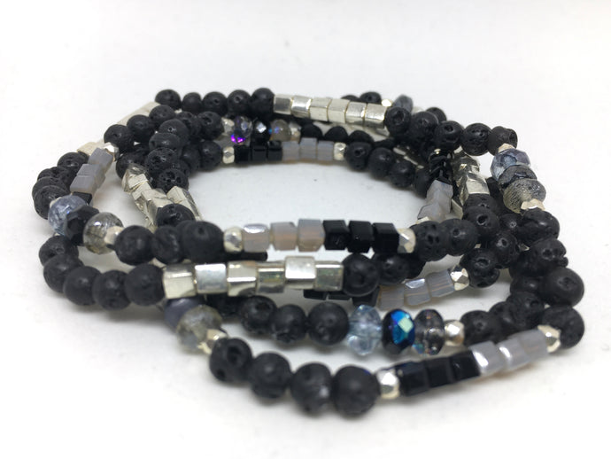 Bracelet - stretch wrap, black lava, San Diego Fog, Miyuki cubes