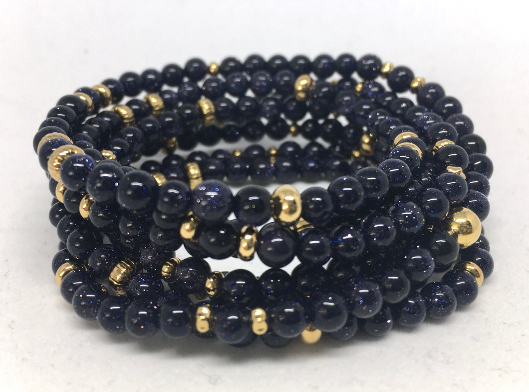 Bracelet - stretch wrap, blue goldstone and gold accent beads