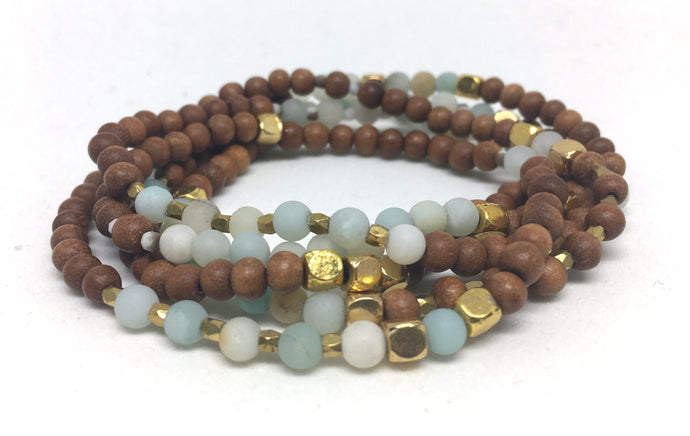 Bracelet - stretch wrap, sandalwood, matte Amazonite, chalk  Czech, hex beads
