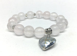 Bracelet Stretch Mala Rose Quartz with Hammered Heart