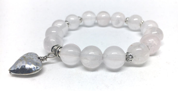 Bracelet Stretch Mala Rose Quartz with Hammered Heart