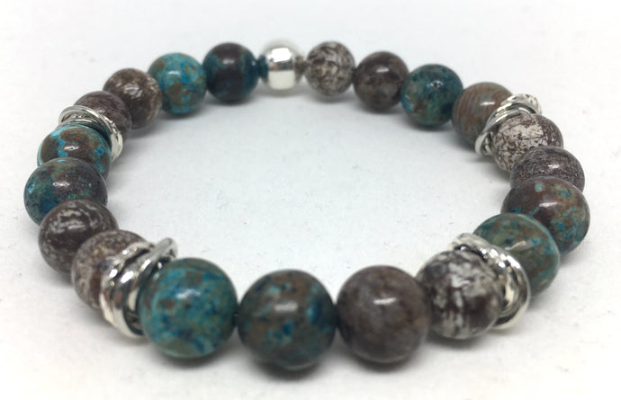 Bracelet - stretch mala style, snowflake obsidian and chrysocolla