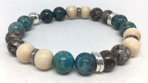 Bracelet - stretch mala style, snowflake obsidian, chrysocolla, cedar