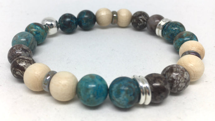 Bracelet - stretch mala style, snowflake obsidian, chrysocolla, cedar