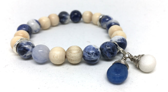 Bracelet - stretch mala style, sodalite, cedar, quartz dangles
