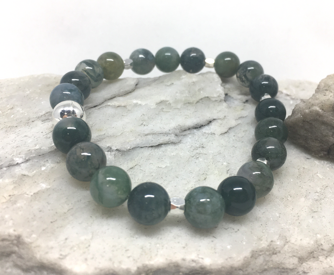 Bracelet - stretch mala style,Moss Agate and Silver Column Beads