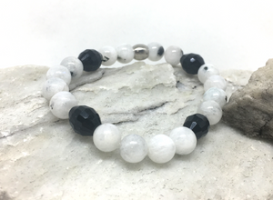 Bracelet - stretch mala style, Rainbow Moonstone and Oval Jet