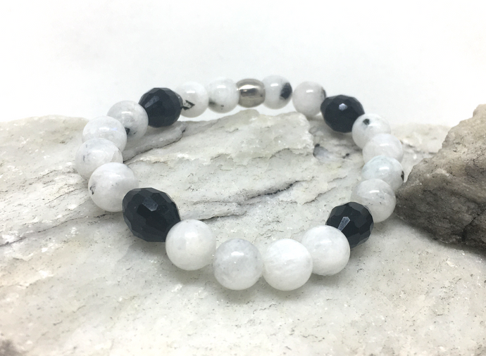 Bracelet - stretch mala style, Rainbow Moonstone and Oval Jet