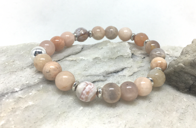Bracelet - stretch mala style, peach moonstone, faceted agate