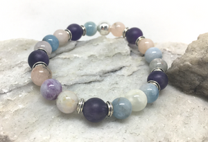 Bracelet - stretch mala style, matte amethyst and beryl