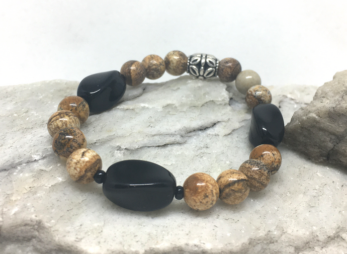 Bracelet - stretch mala style picture jasper and vintage Czech