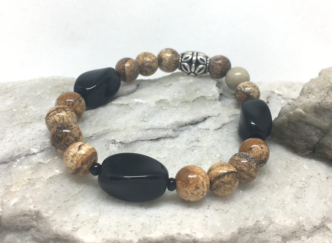 Bracelet - stretch mala style picture jasper and vintage Czech