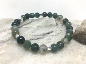 Bracelet - stretch mala style, Moss Agate and Silver Columns