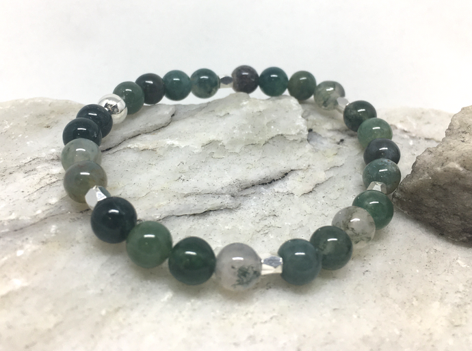 Bracelet - stretch mala style, Moss Agate and Silver Columns