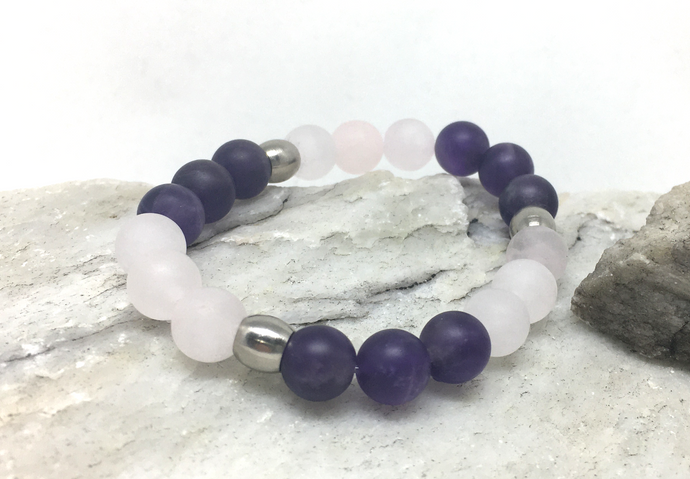 Bracelet - stretch mala style, matte amethyst and rose quartz