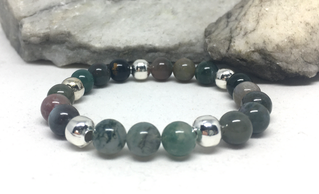 Bracelet - stretch mala style, Indian Agate with Silver